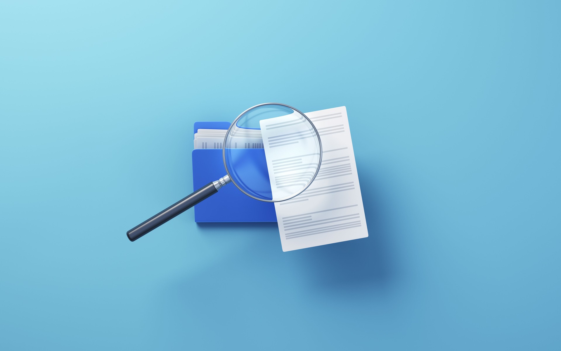 Blue Folder and Documents with magnifying glass icon, sitting on Soft Blue background, Research concept